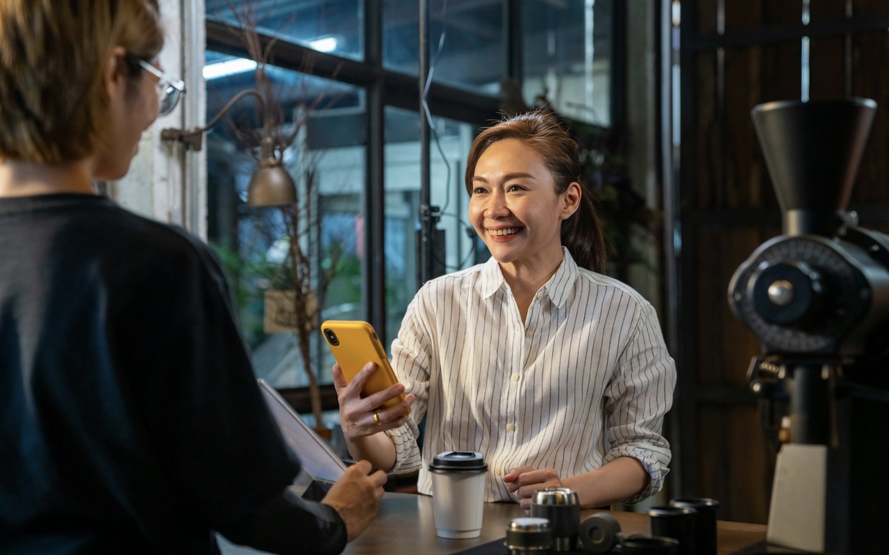 A woman buying a coffee at a cafe and smiling